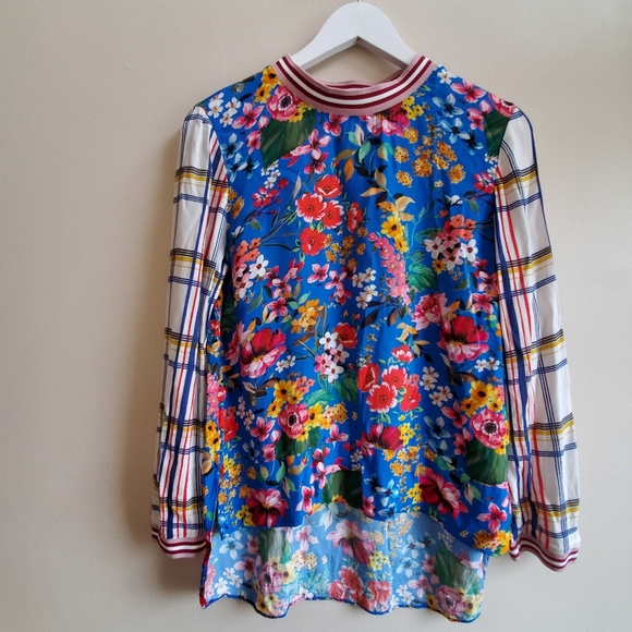 Zara floral top with band neck with stripe sleeve XS - Picture 4 of 8